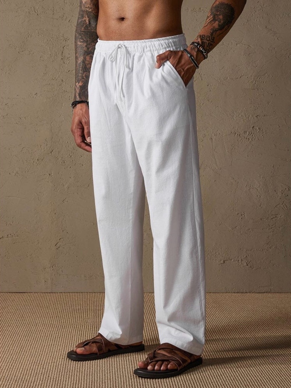 GOODFANDY Mens White Pants| Cotton Casual, Elastic Waist Lightweight Trousers